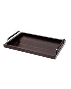 Diana Large Macassar Ebony Rectangular Tray with Handwoven Leather Handles and Chrome Details