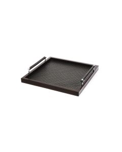 Diana Macassar Ebony Square Tray with Handwoven Leather Handles and Chrome Details
