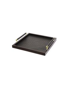 Diana Macassar Ebony Square Tray with Handwoven Leather Handles and Gold Details