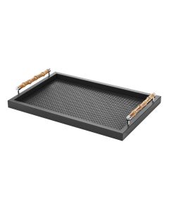Frida Handwoven Leather Large Rectangular Tray with Bamboo Handles and Chrome Details