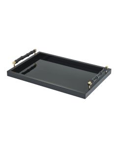 Lea Lacquer Large Recangular Tray with Leather Covered Bamboo Handles and Gold Details