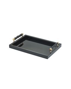 Lea Lacquer Small Recangular Tray with Leather Covered Bamboo Handles and Gold Details