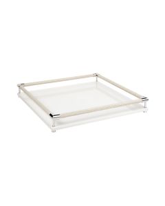 Thea Lacquer Square Tray with Braided Leather Railing and Chrome Details